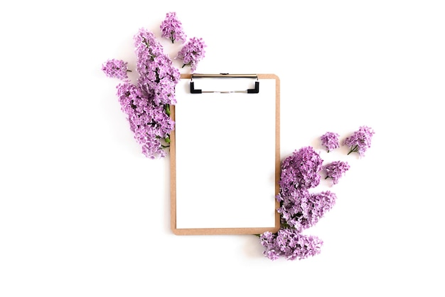 Clipboard mock up lilac flowers on a white background