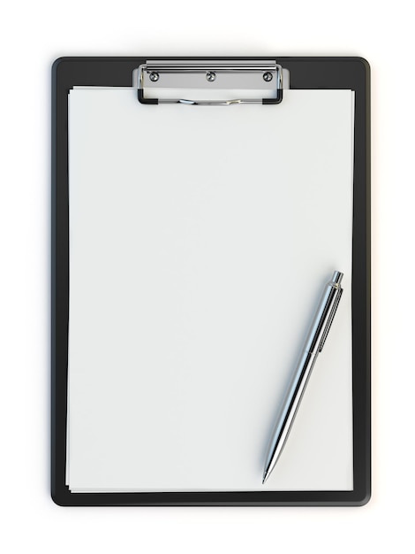 Clipboard and pen isolated on white with copy space. 3d illustration