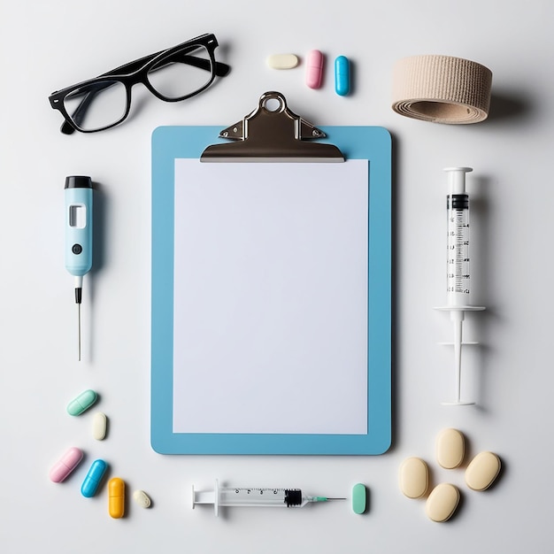 Photo clipboard surrounded by medical equipment