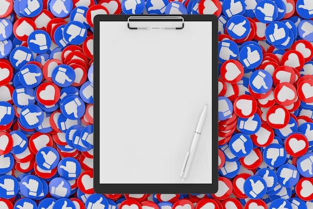 Clipboard with Blank Paper and Pen over Heap of Social Media Network Love and Like Heart Badges Coins Background Texture extreme closeup. 3d Rendering