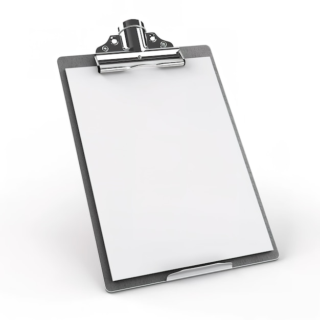 A clipboard with a blank piece of paper on it.