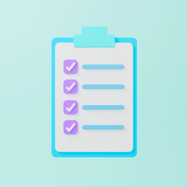 Clipboard with checklist on light blue background. 3d illustration