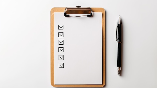 A clipboard with a checklist and a pen on it