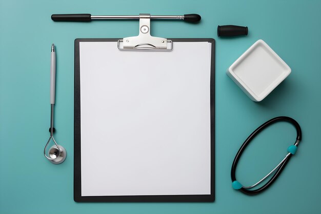 Photo a clipboard with a medical tool on it and a stethoscope on the top.