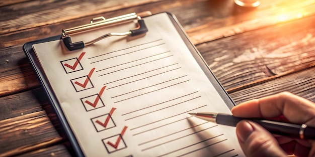 Photo a clipboard with a red checklist with a pen in it and a pen in the middle