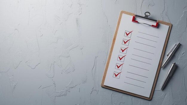 Photo clipboard with a rules checklist and red checkmarks against a clean light grey background