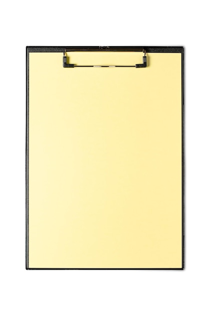 A clipboard with a sheet of yellow paper Isolated on white