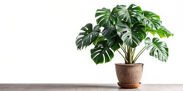 Photo clipping path flowerpot nature isolated giant monstera tree in a flowerpot adorned with lush green leaves and intricate perforations standing tall and isolated on a white background