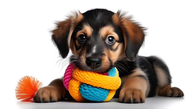 clipping path for a playful puppy with a colorful toy in its mouth The path should