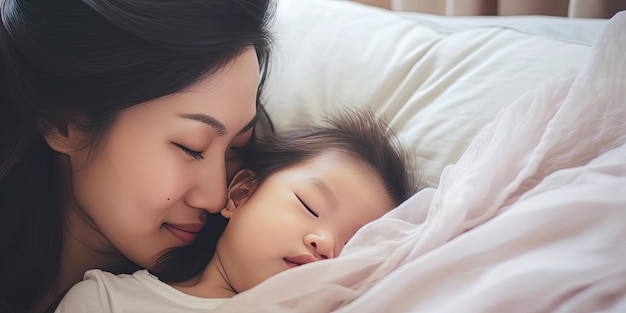 Clo portrait of beautiful young Caucasian mother day girl kissing healthy newborn baby sleep in bed