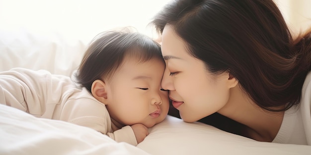 Clo portrait of beautiful young Caucasian mother day girl kissing healthy newborn baby sleep in bed