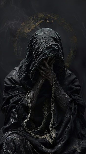 Photo a cloaked figure sits with their head in their hands shrouded in darkness and smoke a golden halo behind them