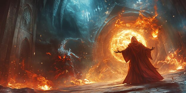 A cloaked figure stands before a fiery portal surrounded by flames and a demonic creature