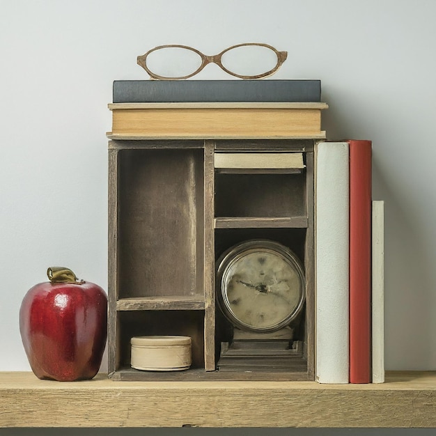 Photo a clock and books on a shelf with a clock and a book