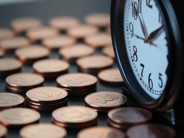 Clock and coins for time of finance and business concept