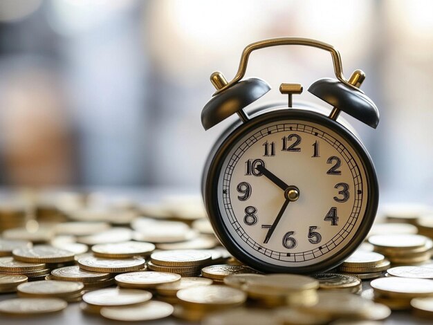 Clock and coins for time of finance and business concept