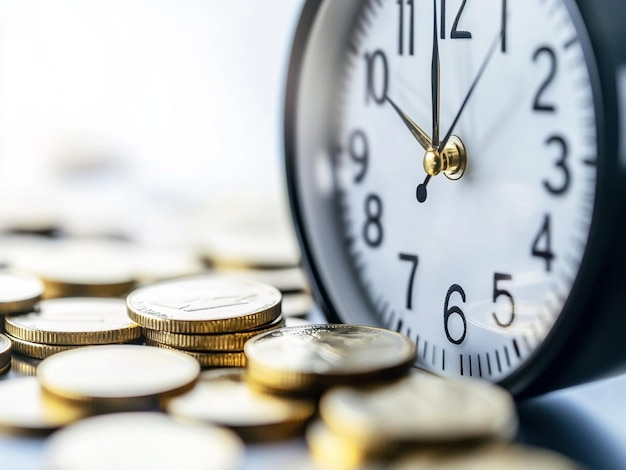 Clock and coins for time of finance and business concept