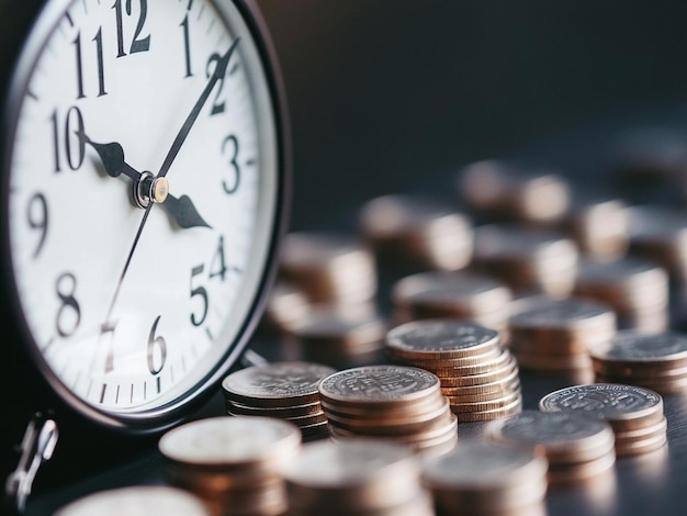 Clock and coins for time of finance and business concept