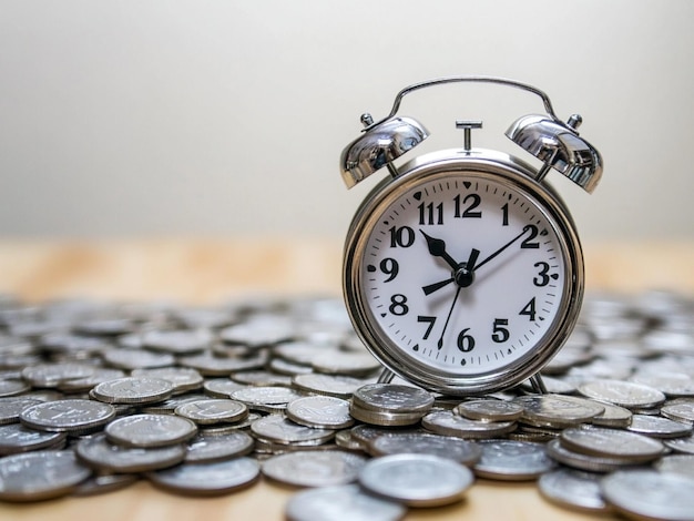 Clock and coins for time of finance and business concept