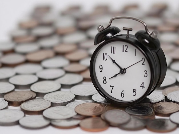 Photo clock and coins for time of finance and business concept