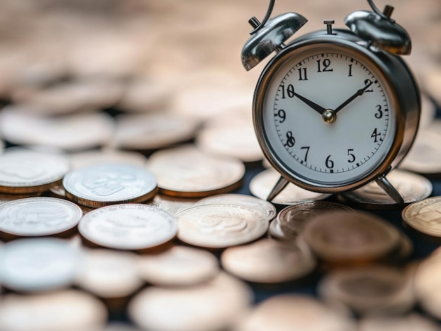 Photo clock and coins for time of finance and business concept