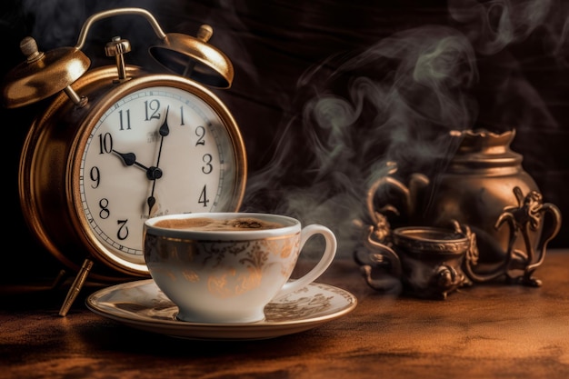 A clock and a cup of coffee are on a table next to a clock.