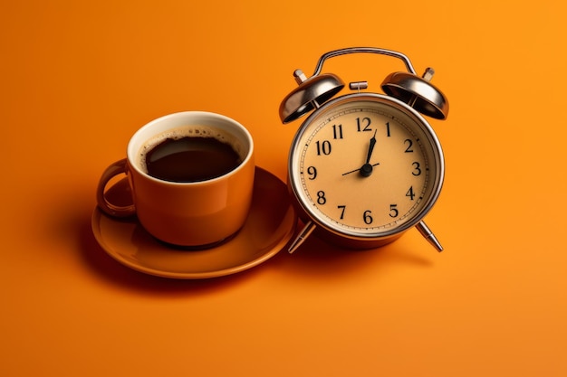 A clock and a cup of coffee are on a table.