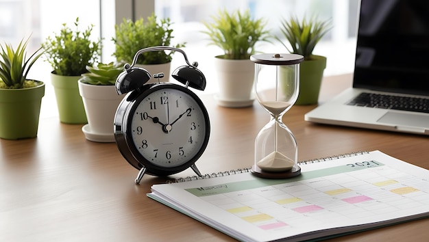 Photo a clock on a desk next to a notebook with a time of 10 30