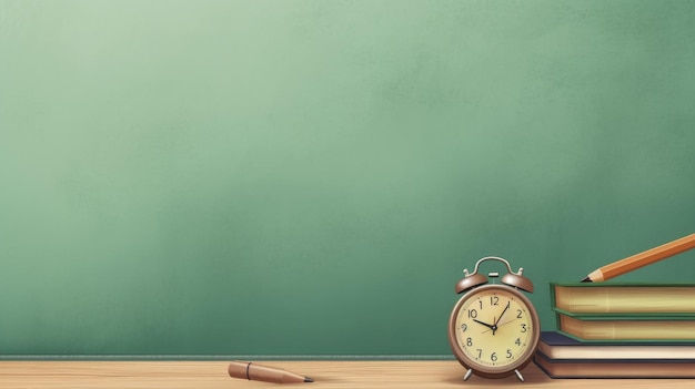 A clock on a desk with a chalkboard and a pencil