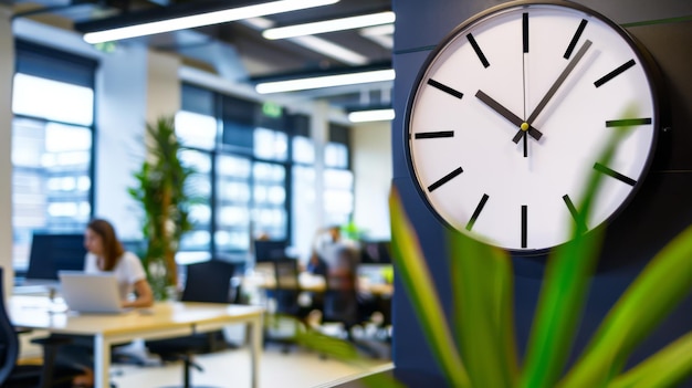 Photo a clock displays the time with motionblurred individuals bustling in the office background suggesting a hectic workday atmosphere