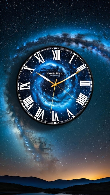 A clock face with swirling galaxies instead of numbers suspended in a starry night sky