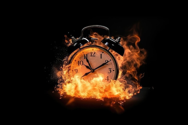 Clock on fire clock face consumed as time burns away generative AI