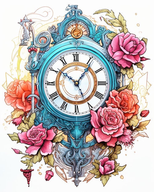 Clock and Flowers Coloring Pages with Free Coloring