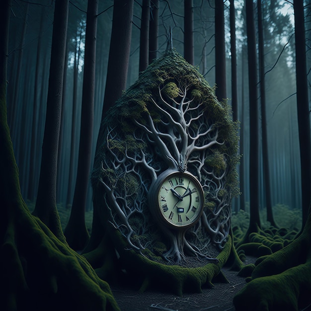 clock forest with tall trees surreal style