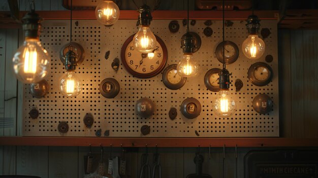 a clock hangs on a wall with a clock hanging from the ceiling