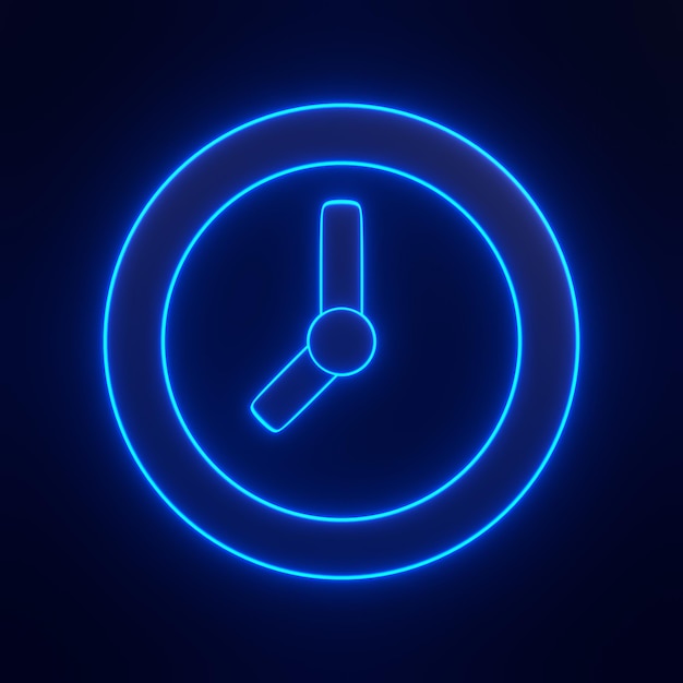 Clock icon with bright glowing futuristic blue neon lights on black background 3D render