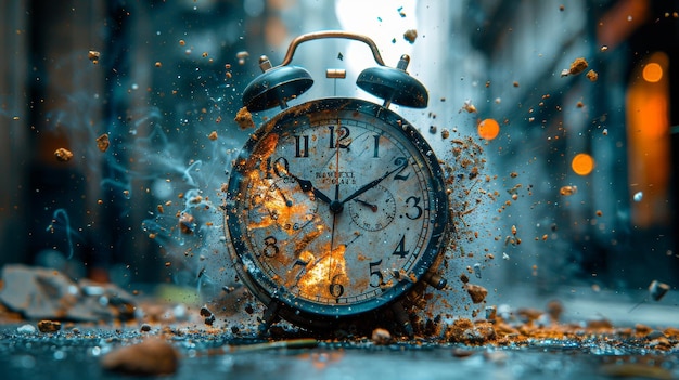 A clock is broken into pieces to symbolize passing away