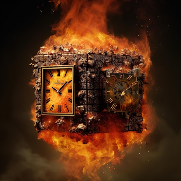 A clock is burning on a black background