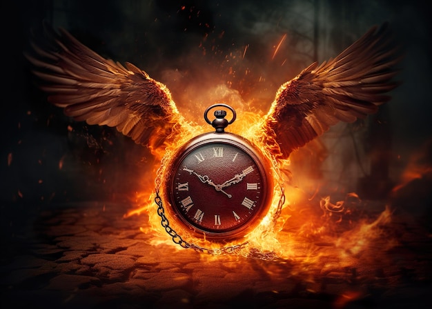 A clock it is surrounded by fire wings 3 of 2