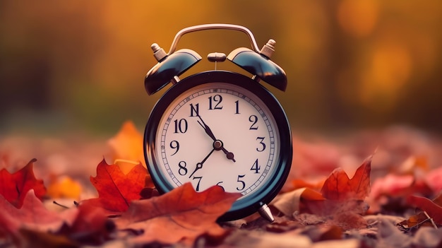 A clock on the leaves with autumn scene