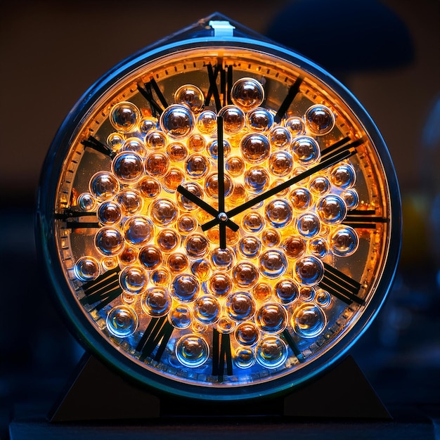 Photo clock made entirely of glass balls with electric pulses marking the passage of time in intricate