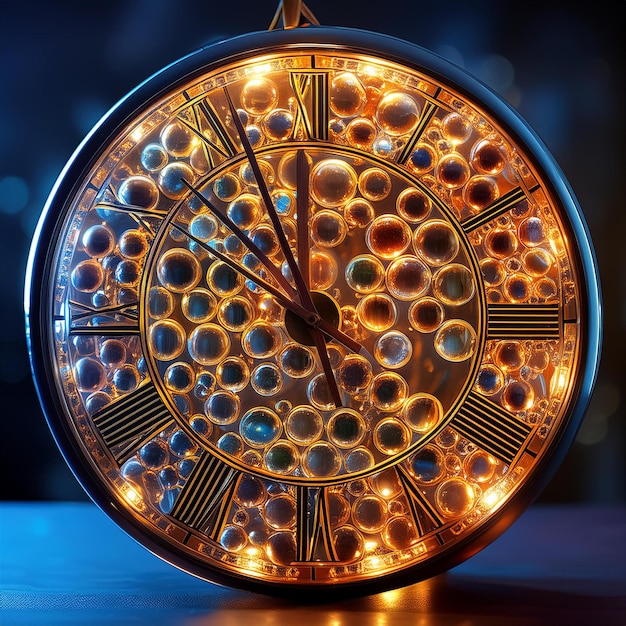 Photo clock made entirely of glass balls with electric pulses marking the passage of time in intricate