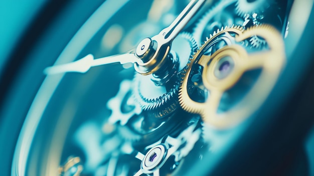 Photo clock mechanism showing clockwork gears operating in synchronicity