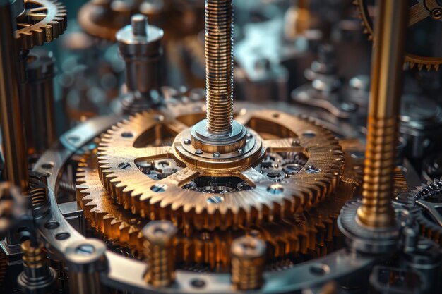 Photo clock mechanism with brass metal engine industrial featuring gear and cog wheels