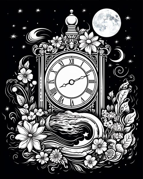 Clock and Moon in Black and White