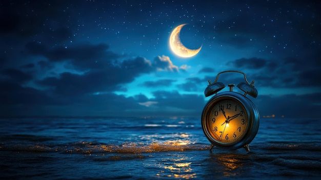 Clock at Night Under Moonlight Over Calm Water