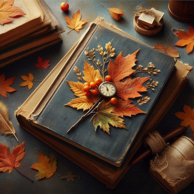 A clock sits on a table with autumn leaves