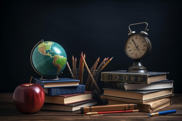 A clock on a stack of books with a apple on the top.