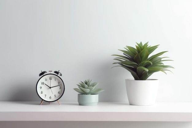 A clock on a table next to a plant and a plant