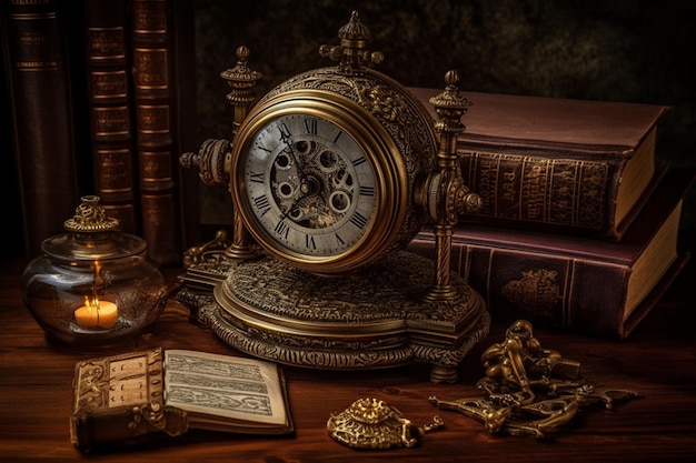 A clock on a table with a book and a book on it